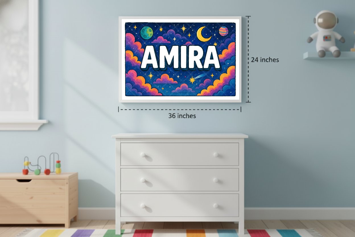 Personalized space nursery art for kids – Amira name print