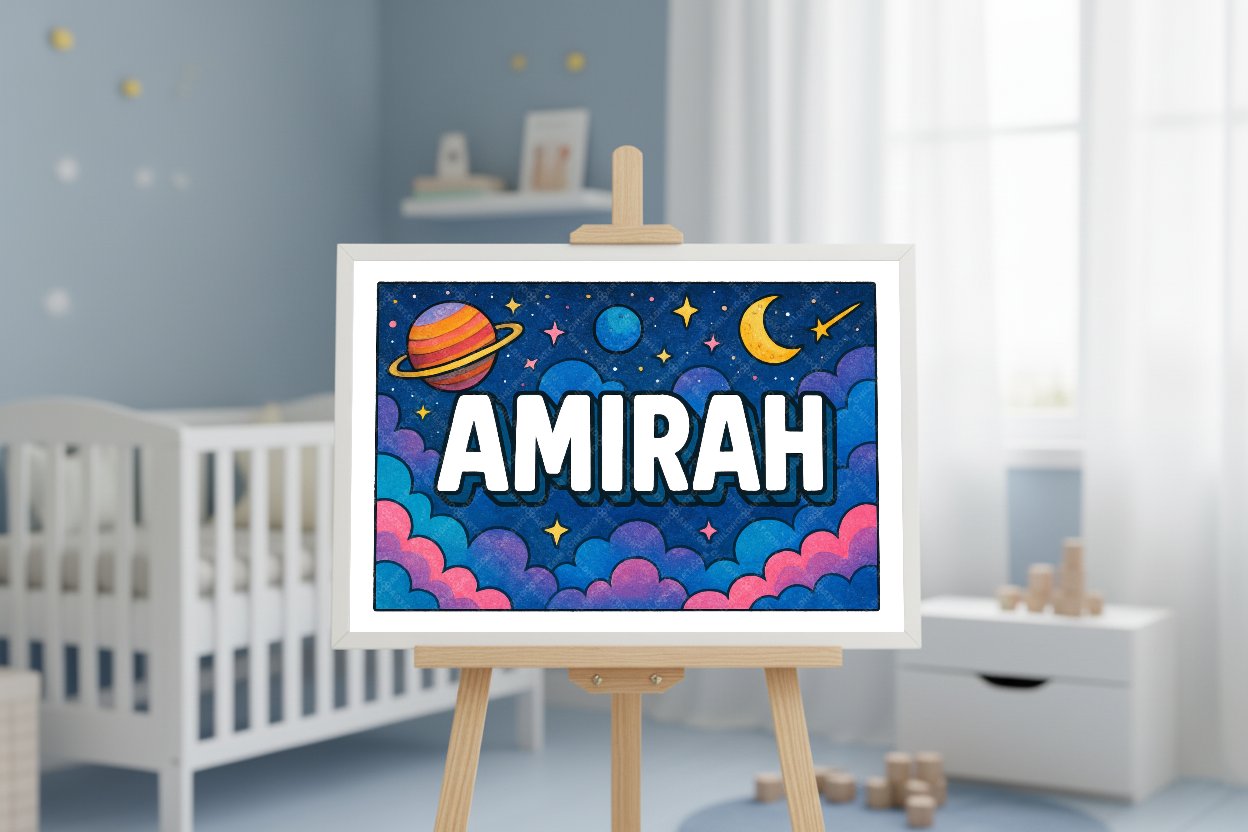 Personalized space nursery art for kids – Amirah name print