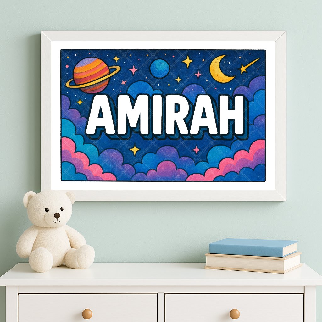 Personalized space nursery art for kids – Amirah name print