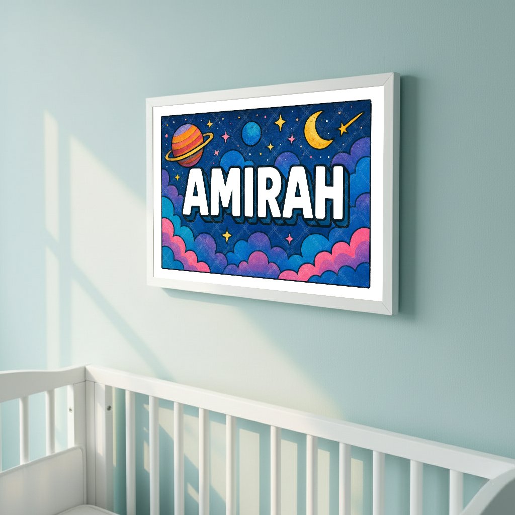 Personalized space nursery art for kids – Amirah name print
