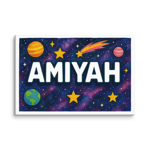 Space explorers themed name art featuring Amiyah