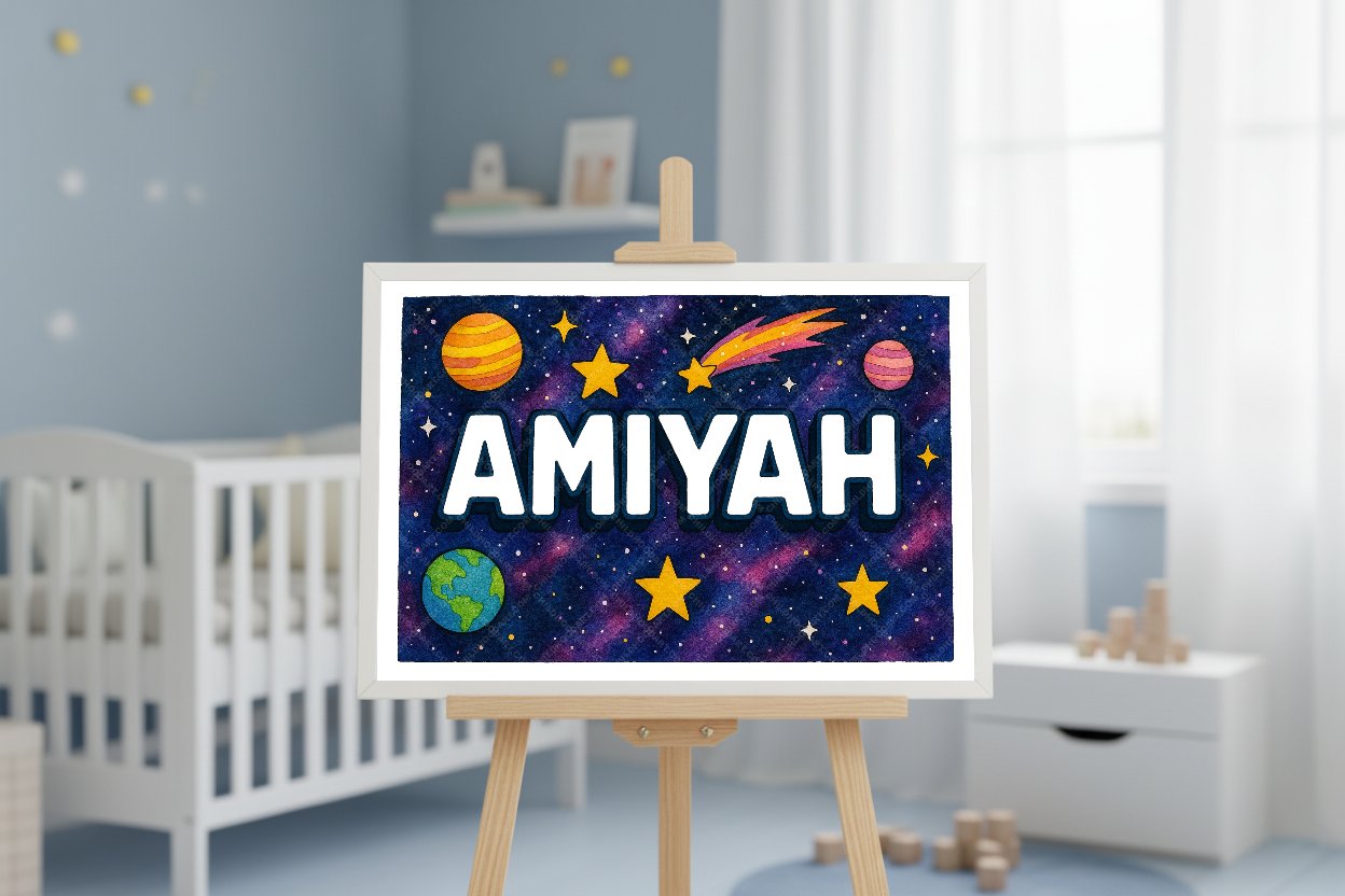 Personalized space nursery art for kids – Amiyah name print