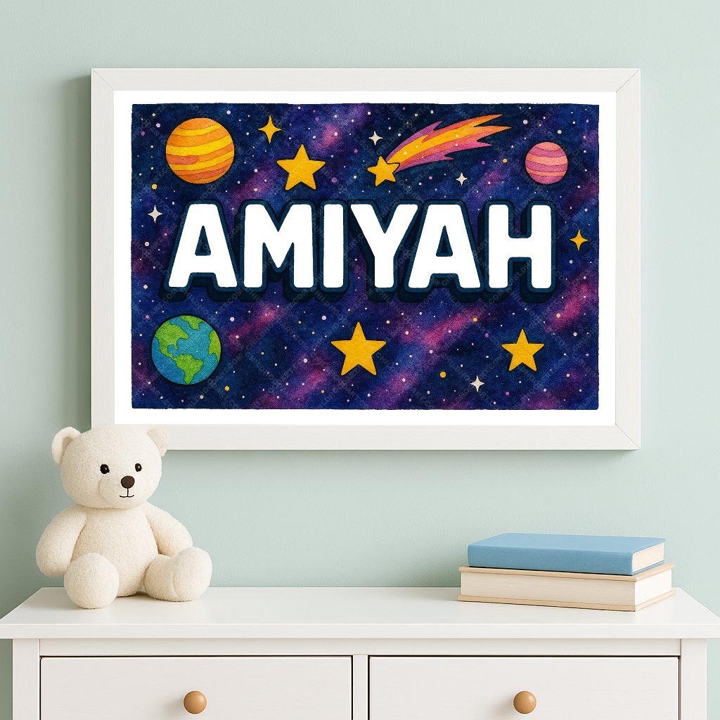 Personalized space nursery art for kids – Amiyah name print