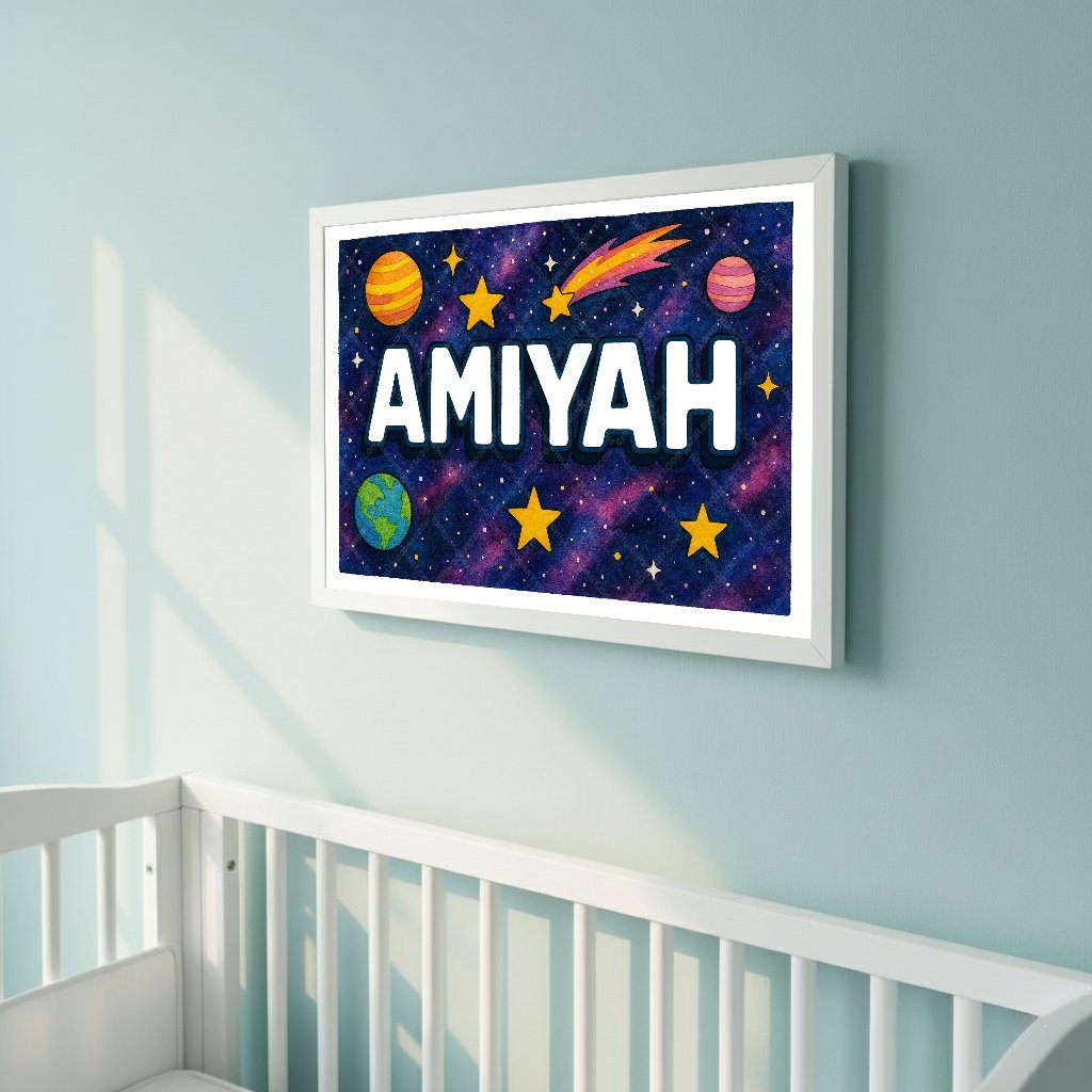 Personalized space nursery art for kids – Amiyah name print