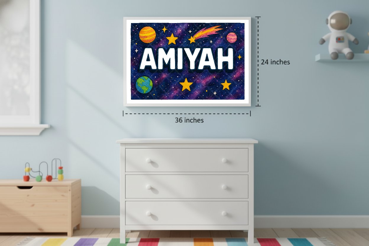 Personalized space nursery art for kids – Amiyah name print