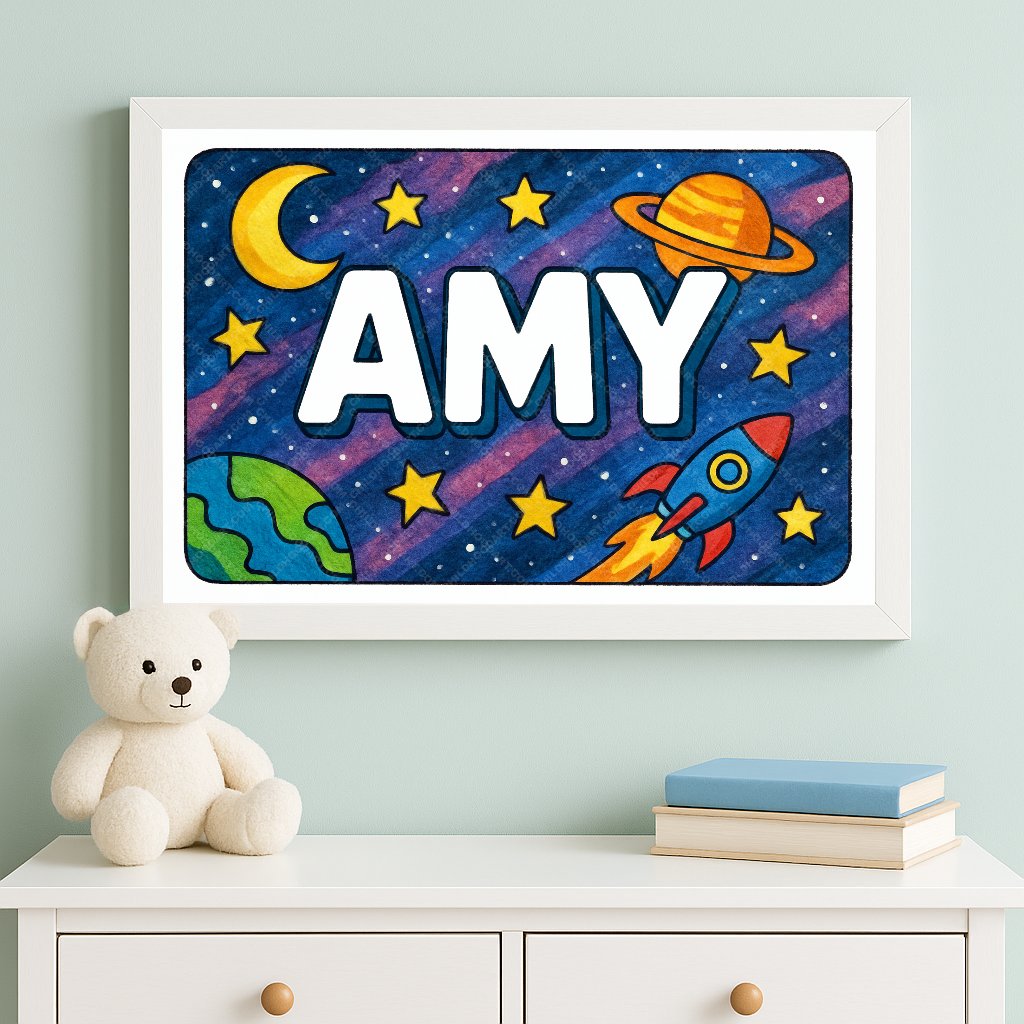 Personalized space nursery art for kids – Amy name print