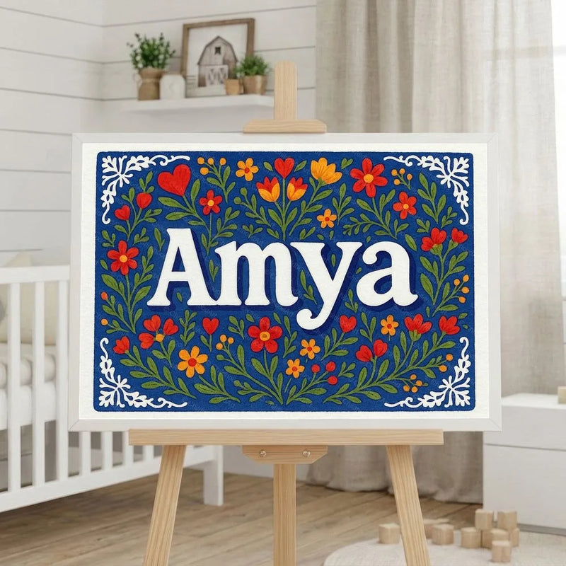 Amya Name Art - Floral Farmhouse personalized wall print for kids