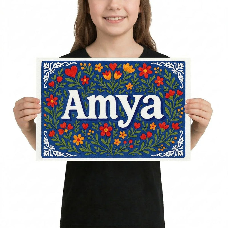 Amya Name Art - Floral Farmhouse personalized wall print for kids