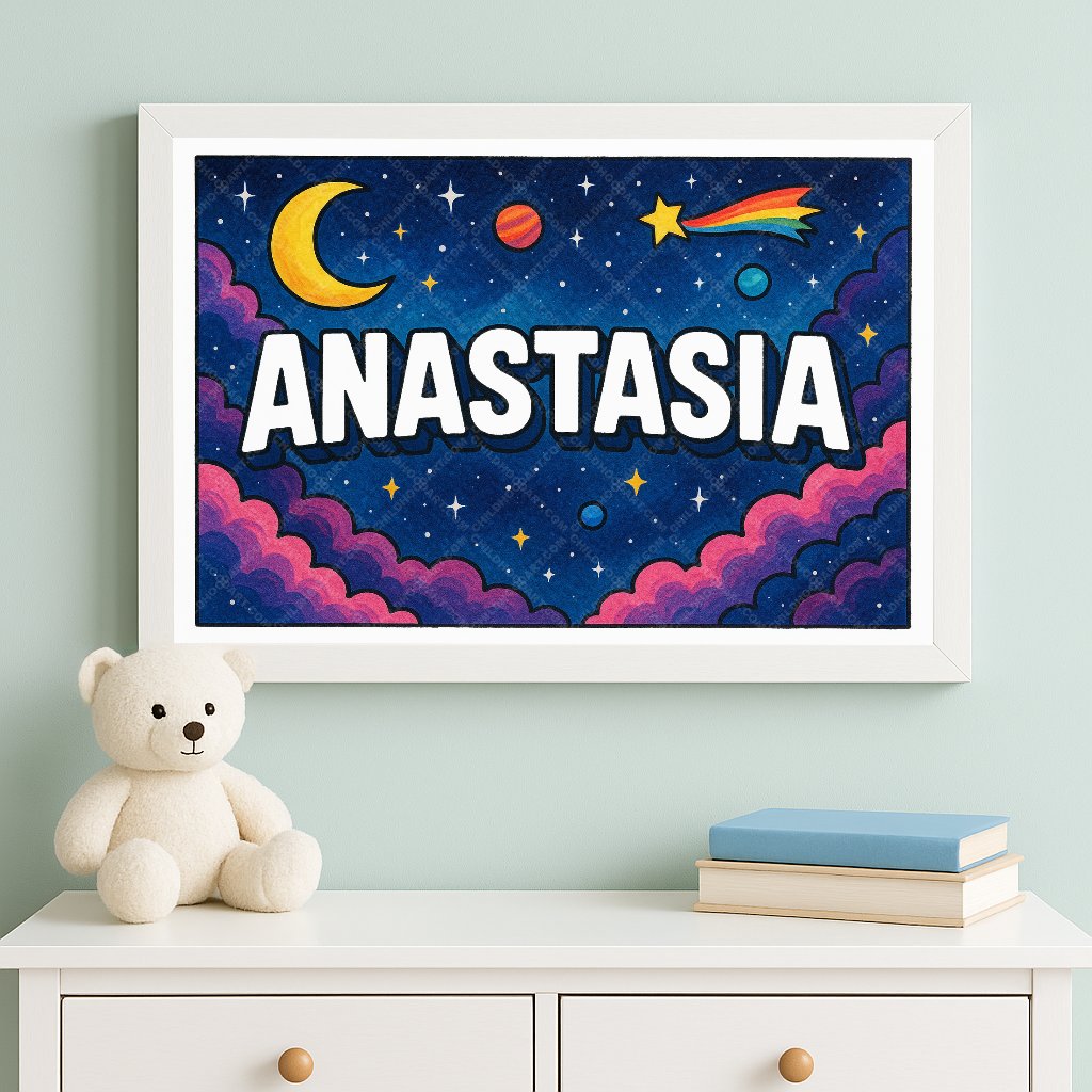 Personalized space nursery art for kids – Anastasia name print