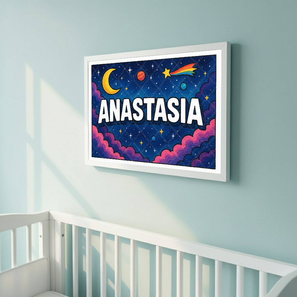 Personalized space nursery art for kids – Anastasia name print