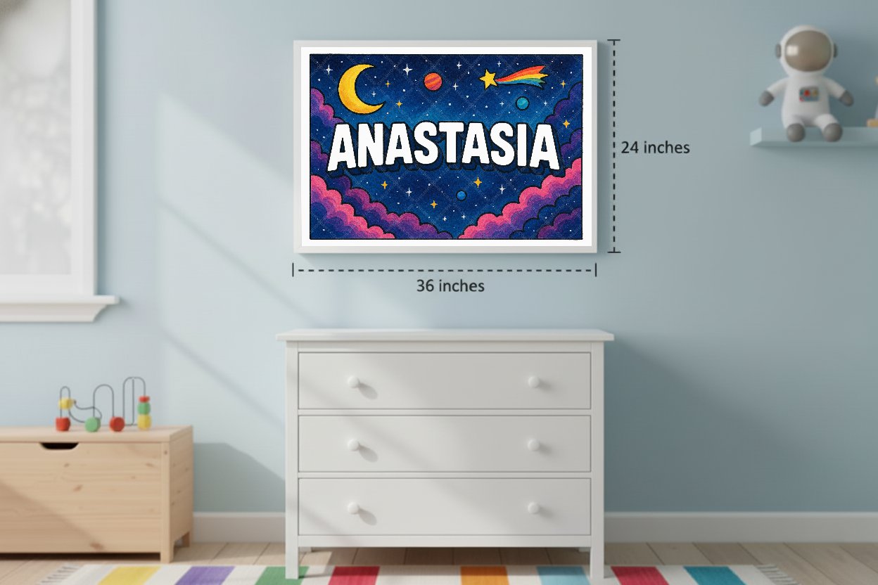 Personalized space nursery art for kids – Anastasia name print