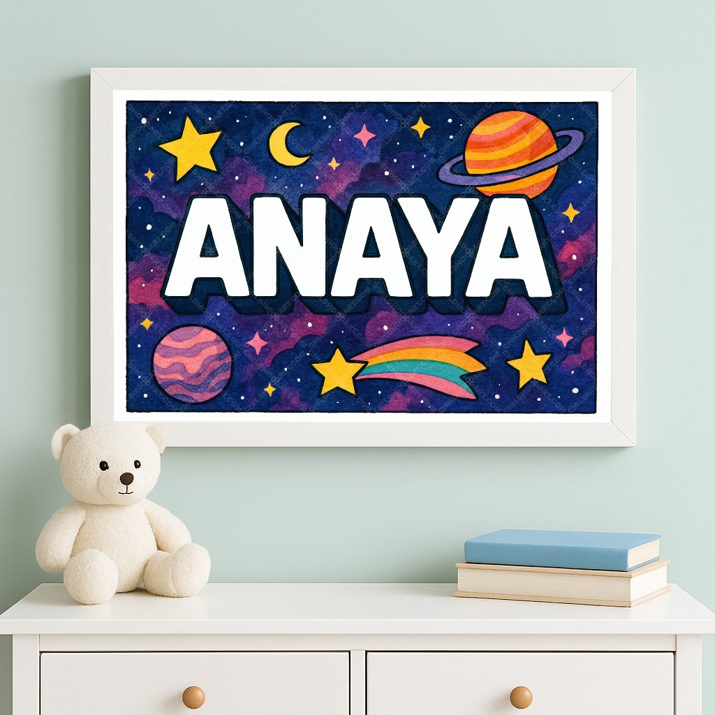 Personalized space nursery art for kids – Anaya name print