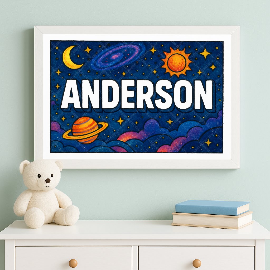 Personalized space nursery art for kids – Anderson name print