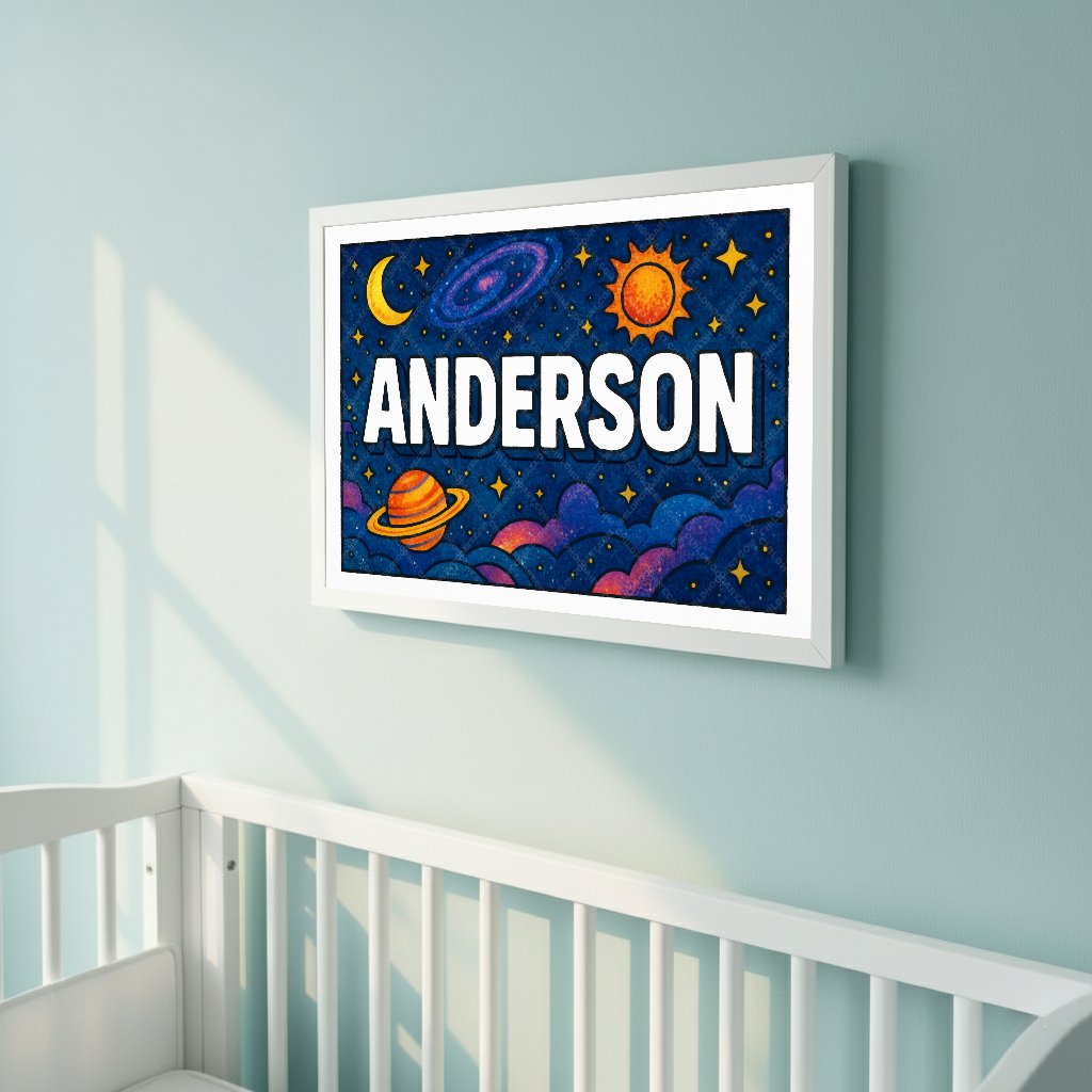Personalized space nursery art for kids – Anderson name print