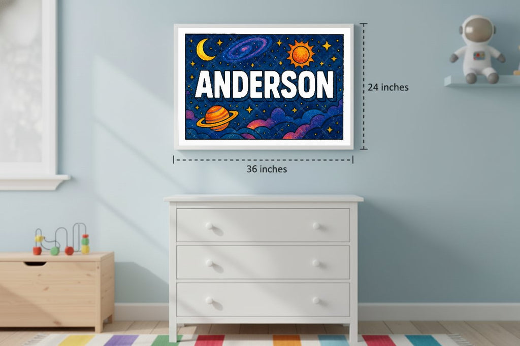 Personalized space nursery art for kids – Anderson name print