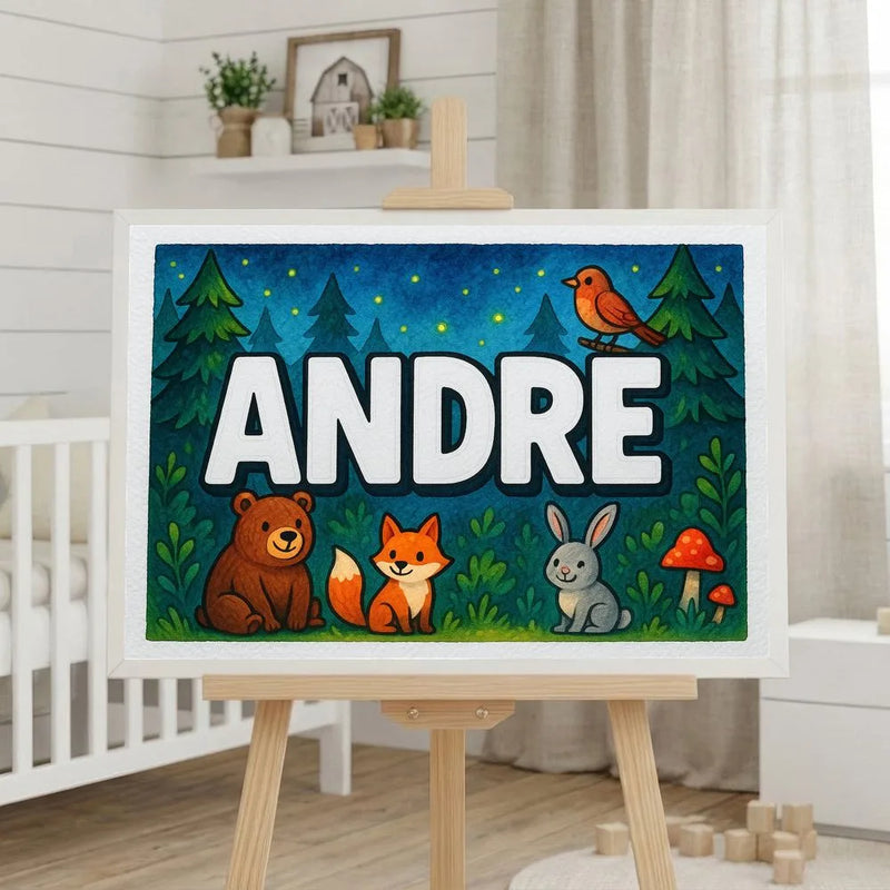 Andre Name Art - Forest Friends personalized wall print for kids
