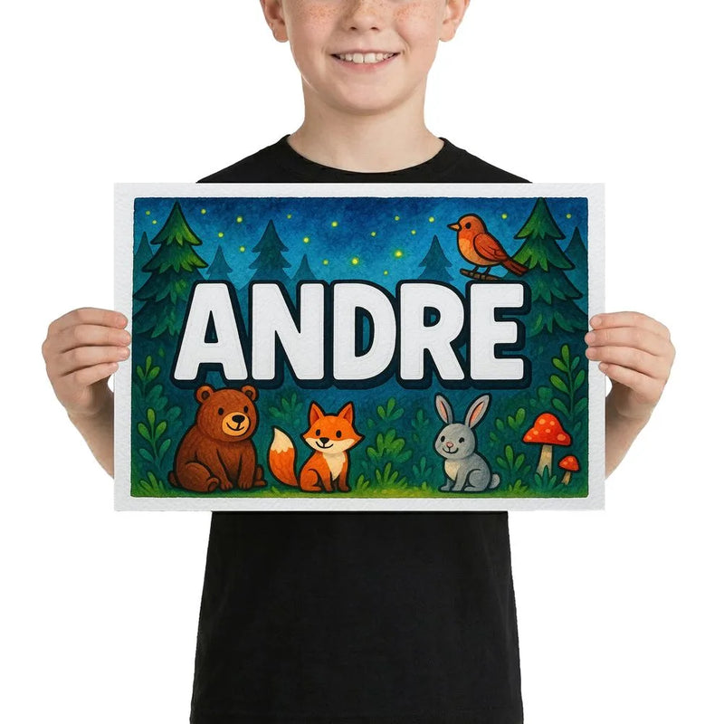 Andre Name Art - Forest Friends personalized wall print for kids