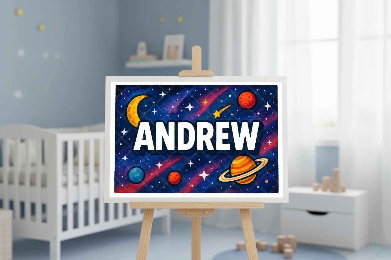Personalized space nursery art for kids – Andrew name print