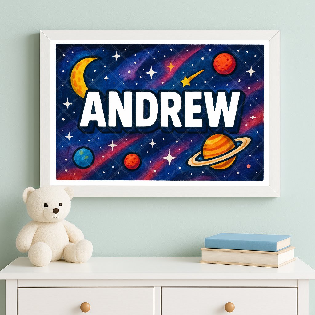 Personalized space nursery art for kids – Andrew name print