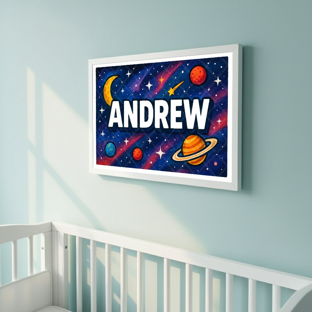 Personalized space nursery art for kids – Andrew name print