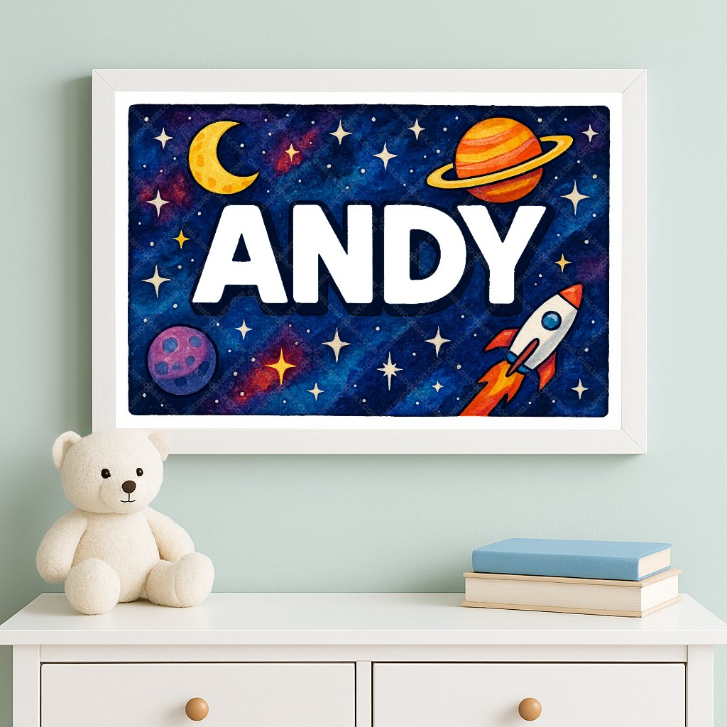Personalized space nursery art for kids – Andy name print