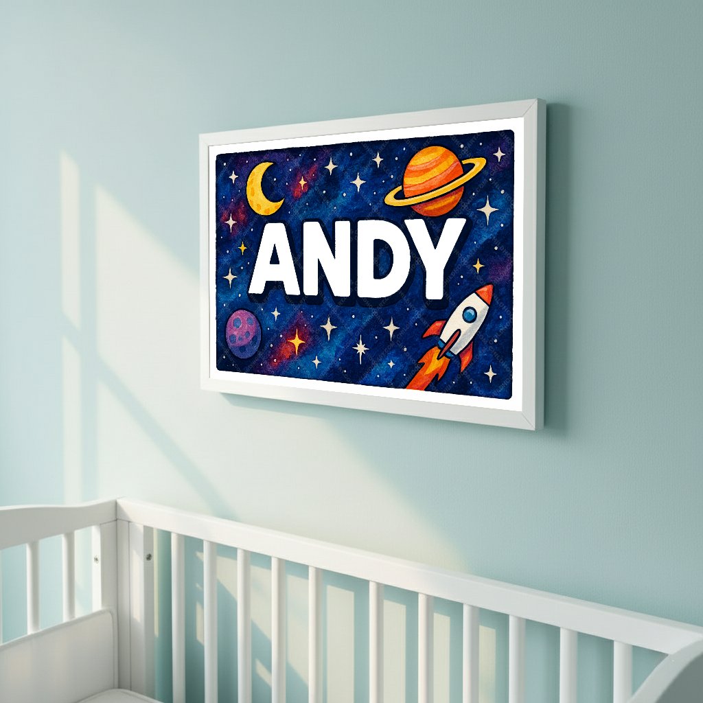 Personalized space nursery art for kids – Andy name print