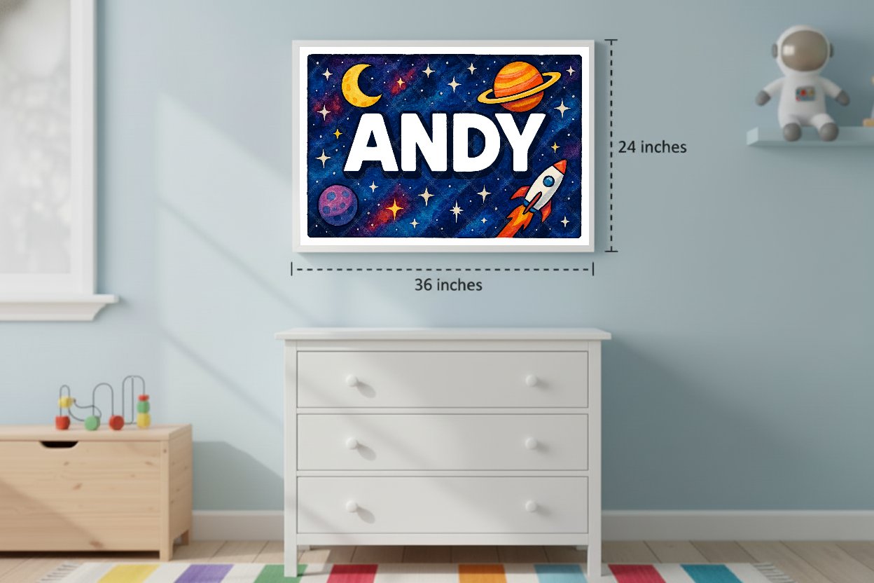 Personalized space nursery art for kids – Andy name print