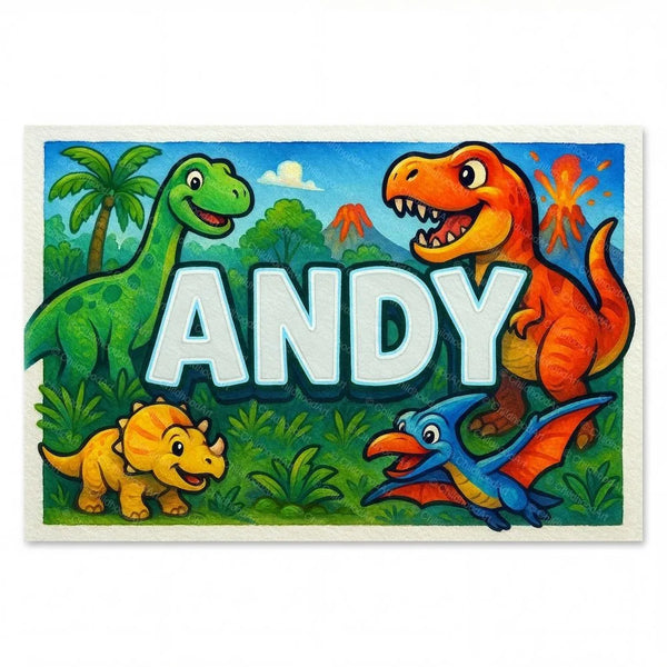 Personalized Andy name art print in the Dinosaur adventure style