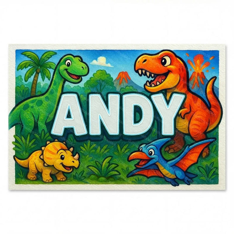 Andy Name Art - Dinosaur Adventure personalized wall print for kids