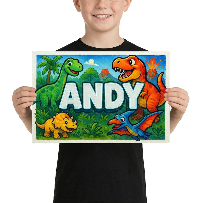 Andy Name Art - Dinosaur Adventure personalized wall print for kids