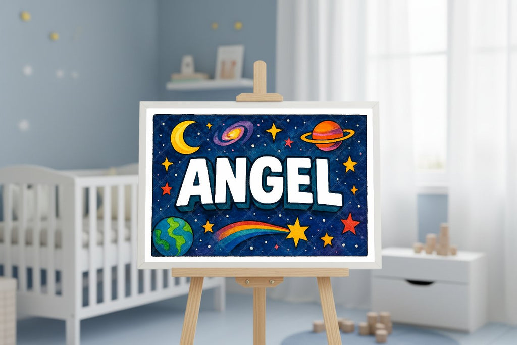 Personalized space nursery art for kids – Angel name print
