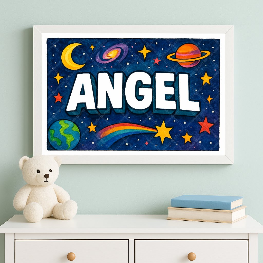 Personalized space nursery art for kids – Angel name print