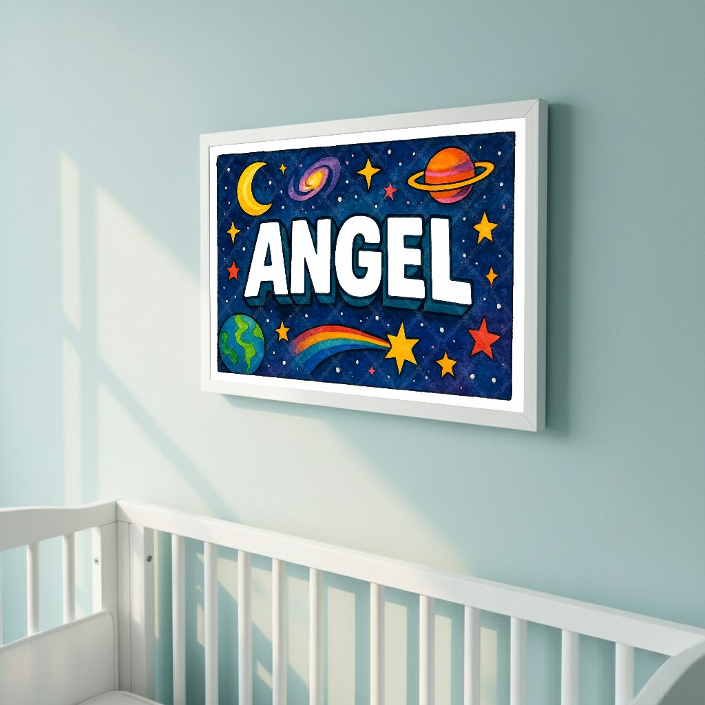 Personalized space nursery art for kids – Angel name print