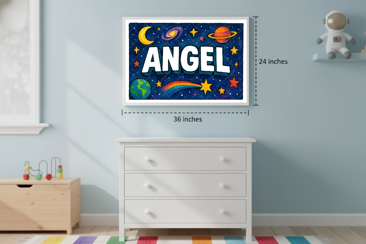 Personalized space nursery art for kids – Angel name print