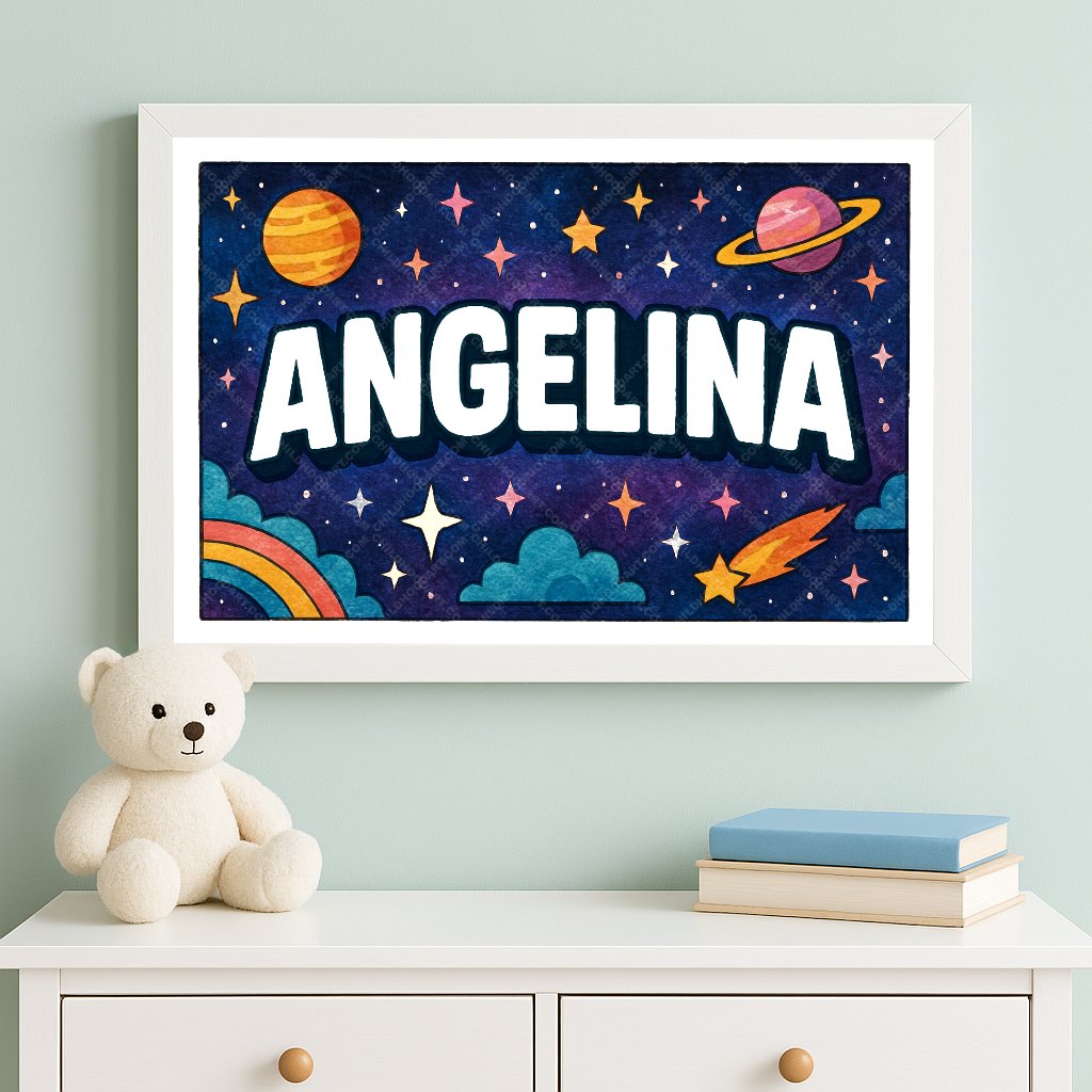 Personalized space nursery art for kids – Angelina name print