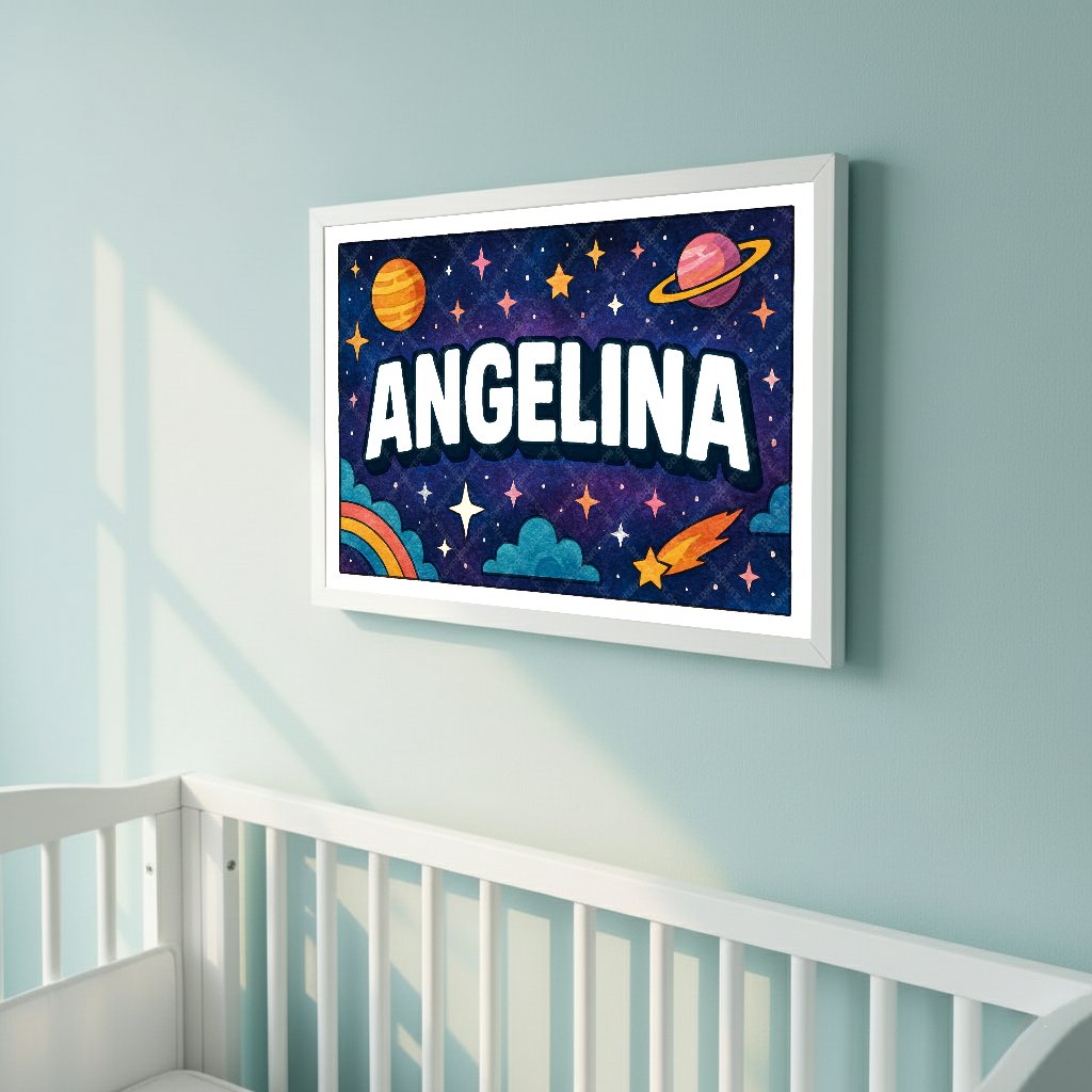 Personalized space nursery art for kids – Angelina name print
