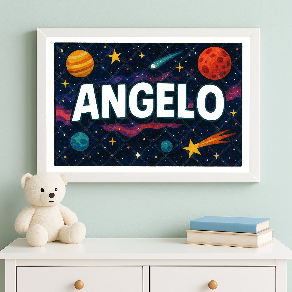 Personalized space nursery art for kids – Angelo name print