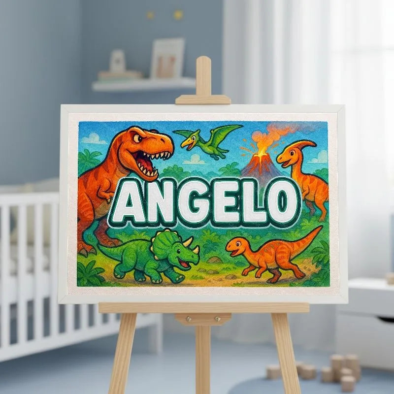 Angelo Name Art - Dinosaur Adventure personalized wall print for kids