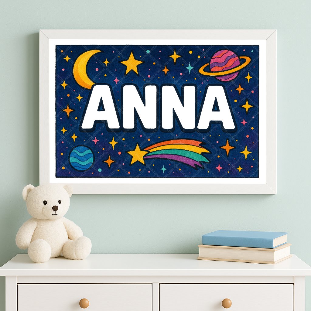 Personalized space nursery art for kids – Anna name print