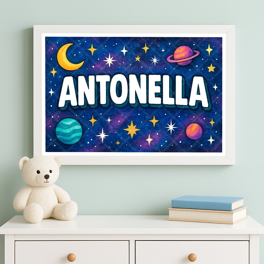 Personalized space nursery art for kids – Antonella name print