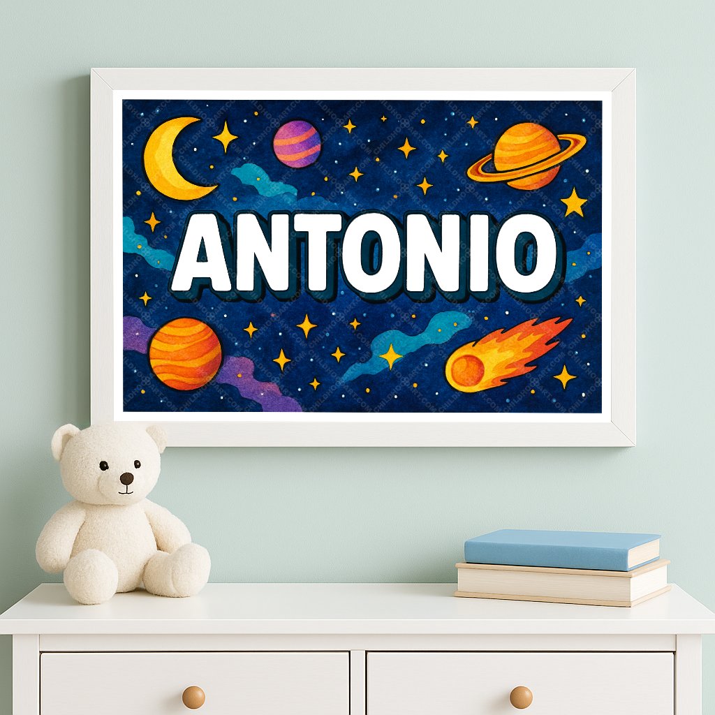 Personalized space nursery art for kids – Antonio name print