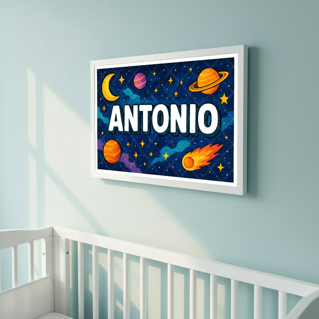 Personalized space nursery art for kids – Antonio name print