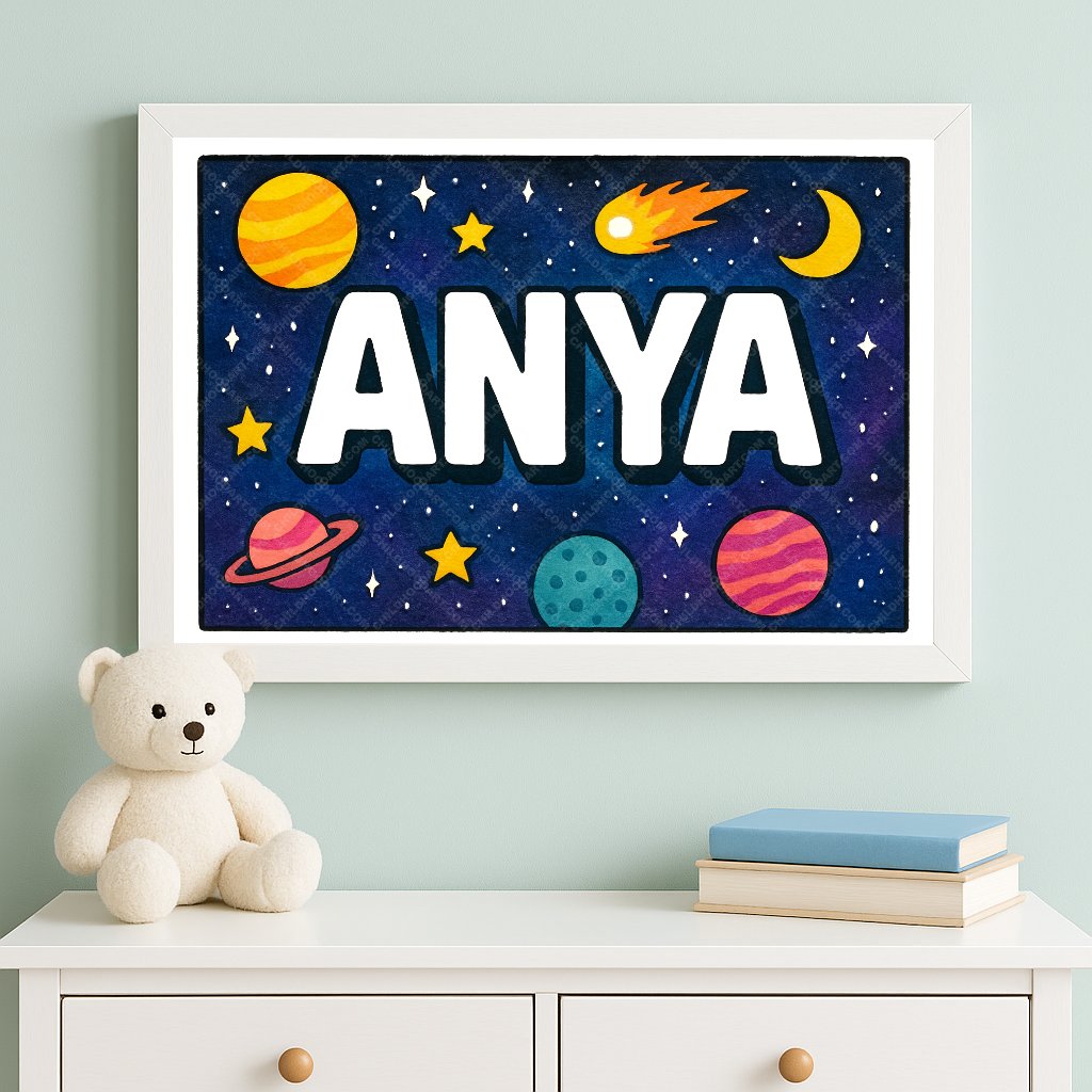Personalized space nursery art for kids – Anya name print