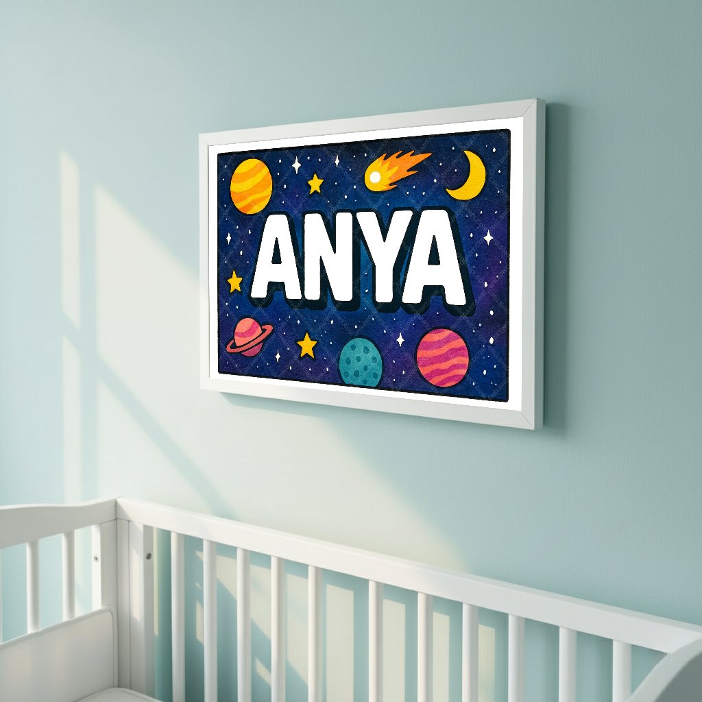 Personalized space nursery art for kids – Anya name print