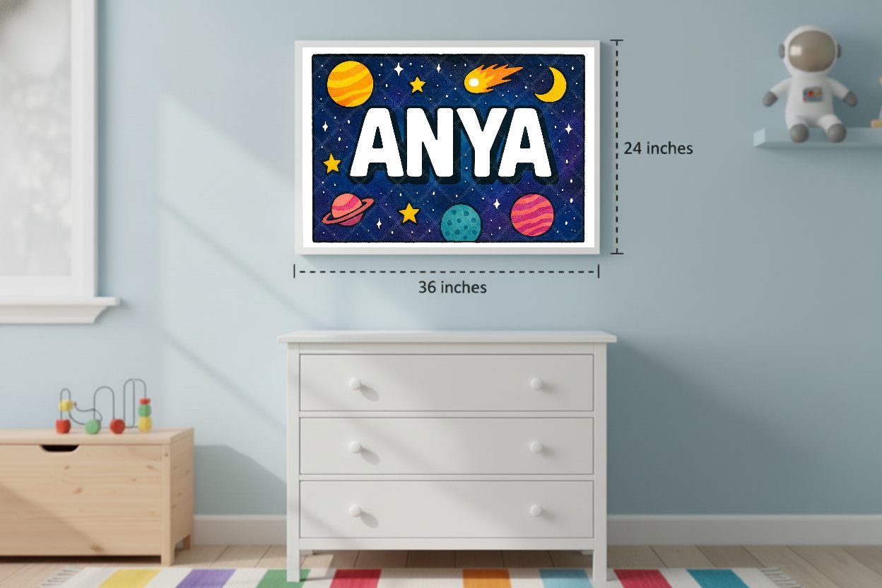 Personalized space nursery art for kids – Anya name print