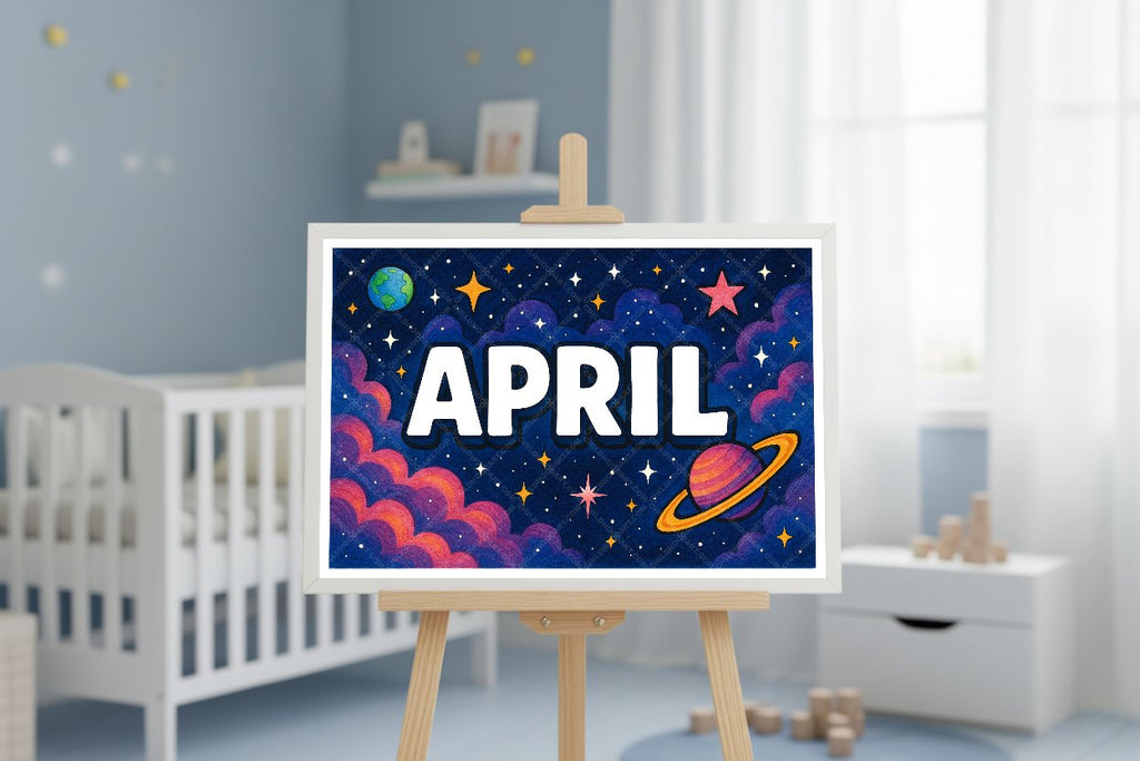 Personalized space nursery art for kids – April name print