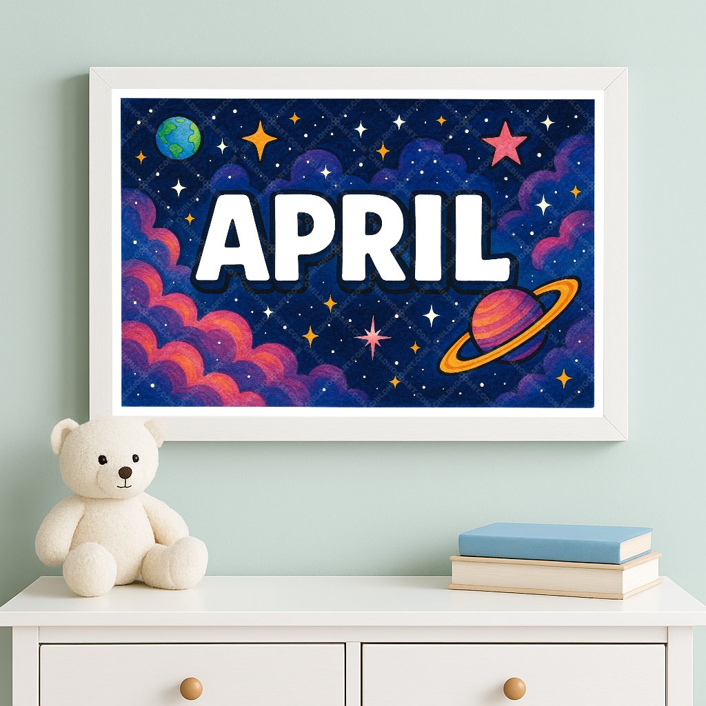 Personalized space nursery art for kids – April name print