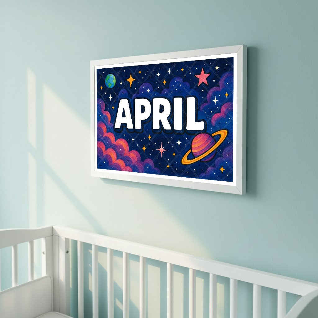 Personalized space nursery art for kids – April name print