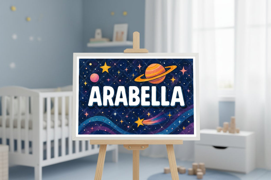 Personalized space nursery art for kids – Arabella name print