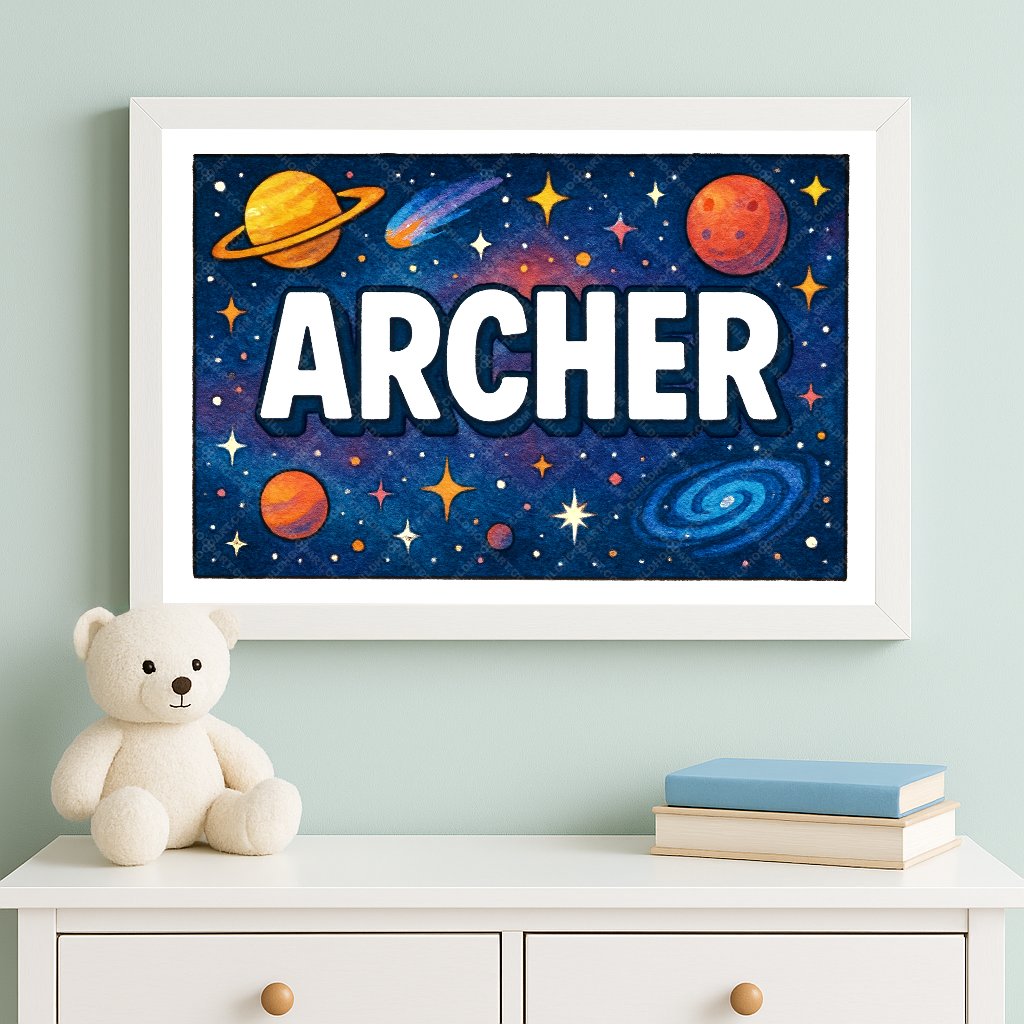 Personalized space nursery art for kids – Archer name print